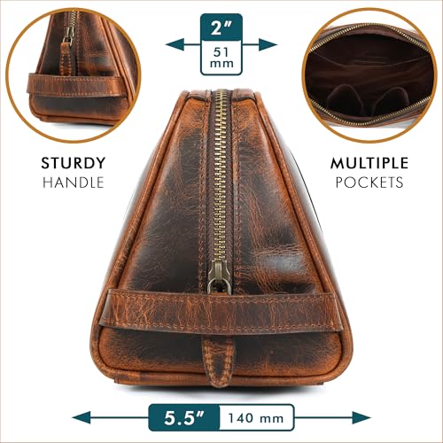ELIZO Premium REAL Leather Toiletry Bag for Men Dopp Kitt Hanging Mens Toiletry Large TSA Toiletries Bag Shaving Grooming Bag Organizer - size: Large