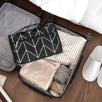 PAVILIA Hanging Toiletry Bag for Women Men, Large Foldable Toiletries Organizer with Hook, Water-Resistant Makeup Cosmetic Rollup Case, Clear Pockets for Bathroom, Gym, Cruise (Black Chevron) - color: Black Chevron