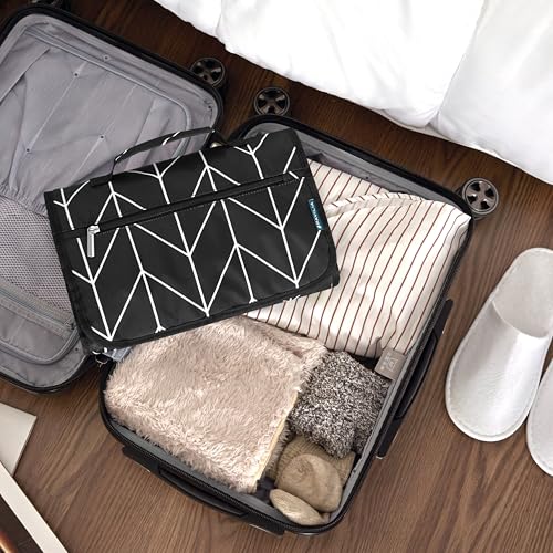 PAVILIA Hanging Toiletry Bag for Women Men, Large Foldable Toiletries Organizer with Hook, Water-Resistant Makeup Cosmetic Rollup Case, Clear Pockets for Bathroom, Gym, Cruise (Black Chevron) - color: Black Chevron