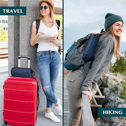 PAVILIA Travel Blanket Airplane Compact with Bag, Lightweight Soft Fleece Plane Blanket Long Flights, Camping Road Trips, Packable Travel Gift Essentials with Luggage Backpack Strap, 65x40, Navy Blue - color: Navy Blue