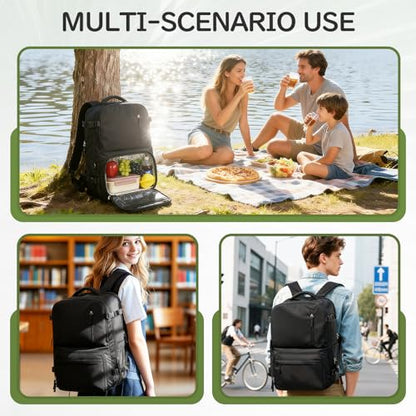 Lunch Backpack with Insulated Cooler Box, Large 17 inch Laptop Backpack for Men Women, Water Resistant Work Bag with Lunchbox Compartment for Teacher Nurse, Black