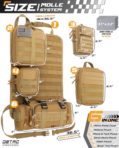 DBTAC Tactical Molle Car Seat Organizer | Vehicle Back Panel with 5X Detachable Pouches, US Flag & Writable Reflective Patch for Cars, Trucks, SUVs, Sedans - color: Brown