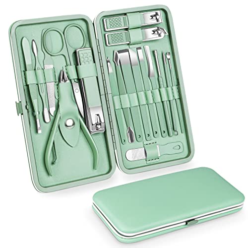Teamkio 18pcs Manicure Set Pedicure Nail Clippers Set Travel Hygiene Kit Stainless Steel Professional Cutter Care Set Scissor Tweezers Knife Ear Pick Tools Grooming Kits with Leather Case - color: Green