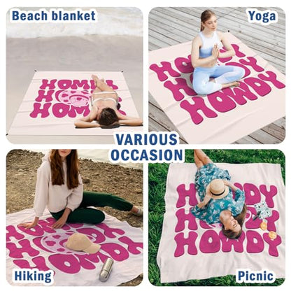 Pink Cowgirl Howdy Pocket Picnic Blankets, Preppy Western Mini Beach Camping Blanket Waterproof Sandproof, Trendy RV Outdoor Blanket Mat Gifts for Cowgirls Camper Campsite Dorm Travel 55x60in - color: Howdy