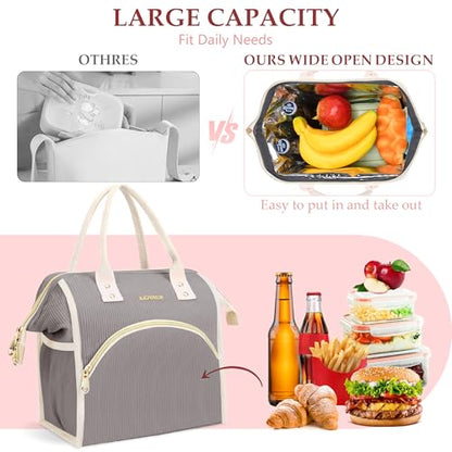 LOKASS Lunch Bag Women Insulated Lunch Box Wide-Open Lunch Tote Bag Large Cooler Bag for Work Picnic Hiking Beach（Dark Gray） - color: Charcoal Gray
