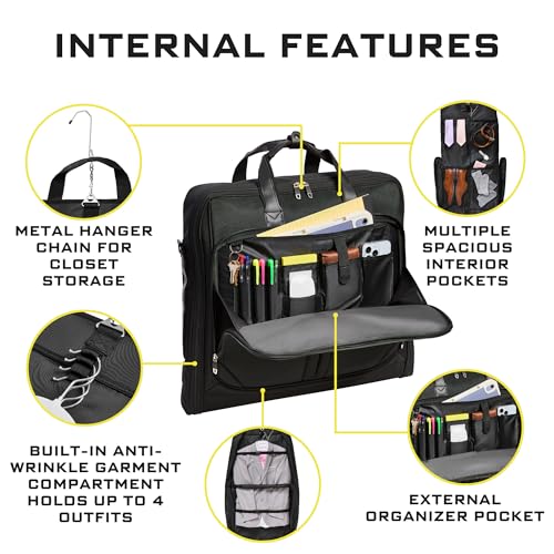 ZEGUR Premium Suit Garment Bag Carry On - Hangs 4 Suits - Travel & Business with Shoulder Strap and Laptop Compartment - color: Black
