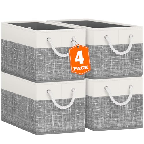 Fab totes Storage Bins 4-Pack, Foldable Storage Baskets for Organizing Toys, Books, Shelves, Closet, Large Storage Box with Rope Handles, Sturdy Organizer Bins, White & Grey - color: White & Grey, size: 4pack