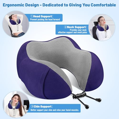 CloudBliss Travel Pillow for Airplane, Memory Foam Neck Pillow for Traveling, Flight Pillow with Eye Mask, Earplugs, Storage Bag, Compact Neck Pillow for Long Flight Travel, Travel Essentials, Navy - color: Navy