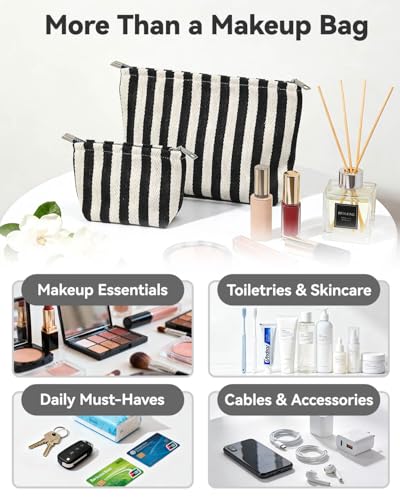 Travel Makeup Bag Set of 2, Preppy Striped Makeup Pouches for Purse, Jacquard Cosmetic Bags with Smooth Zipper Soft Lining, for Cosmetic Car Organizer, Daily, Gifts, Portable Large & Small Toiletrys - style: Striped Black Canvas