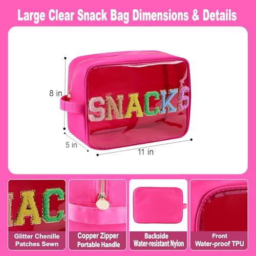 Snack Bags Clear Makeup Bag Large Suncreen Bag Travel Toiletry Bag Chenille Glitter Nylon Cosmetic Pouch (XL, Hot Pink-Snacks) - color: Clear HotPink-Snacks, size: XL