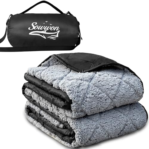 Waterproof Outdoor Blanket 82”X 55” Packable, Stadium Blankets for Camping with Sherpa Fleece Lining, Large Windproof Emergency Throw for Garss Picnic Hiking Road Trip, Machine Washable, Black 300GSM - color: Sherpa Black-300 Gsm, size: 82"x 55"