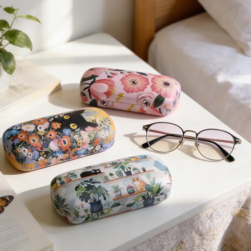 PERFECTSIGHT Sunglasses Case, Large Hard Shell Glasses Case, Cute PU Leather Protective Eyeglasses Case for Women Men - color: Green Plant Cat