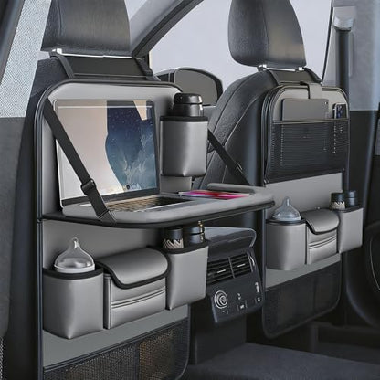 2 Pack Leather Car Backseat Organizer with Foldable Table Tray, Universal Car Seat Back Protector Kick Mat with Touchscreen Tablet Holder, Storage Pockets, Cup Holders & Tissue Holder, Black - color: Gray