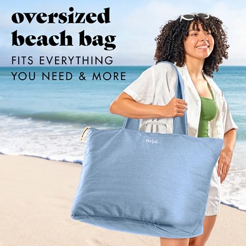 Fit & Fresh XL Beach Tote Bag for Women – XL Travel Tote with Zipper & Pockets, Oversized Canvas Pool Bag, Weekender Carry-On - color: Denim Blue
