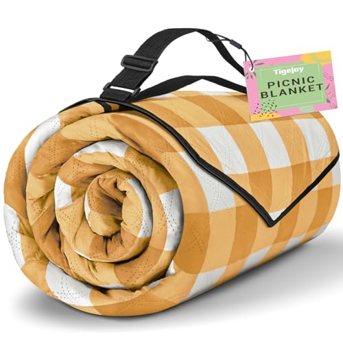 TigeJoy Extra Large Picnic Blanket Waterproof Foldable 60''x80'', Outdoor Picnic Mat Beach Blanket Sandproof for Park, Grass, Travel, Hiking, Camping Essentials, Gingham Picnic Blanket - color: Yellow, size: 6'8" x 5' (Rectangular)