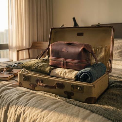 LEATHER VILLAGE Genuine Leather Dopp Kit – Large Travel Toiletry Bag with Waterproof Lining, Dual-Zip Design for Men & Women, Organizer for Shaving, Makeup & Essentials - Cherry - color: Cherry