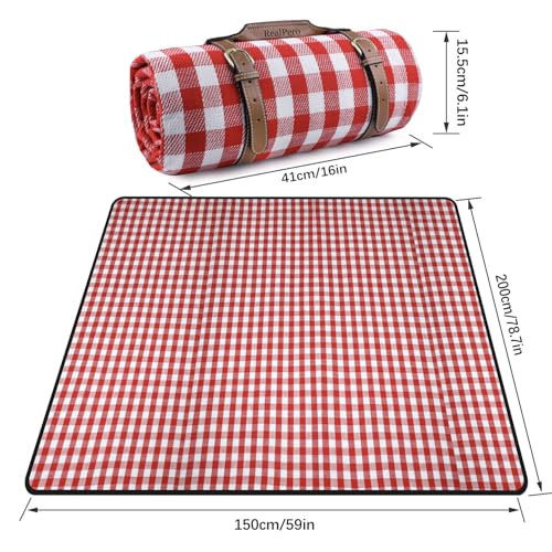 Extra Large Picnic Blanket, 80"x60" Waterproof Sandproof Beach Mat, Soft Foldable Outdoor Camping Mat with PU Carrier, Red White Plaid Portable Mat for Lawn, Grass, Travel & Park