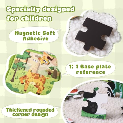 Magnetic Puzzles for Kids 3-5 Years, 3 in 1 Montessori Learning Toys with 9/16/25 PCS, Travel Activity for Toddlers Age 3-5, Preschool Puzzle Game with Animal Designs (Panda, Giraffe, Dinosaur) - color: Green