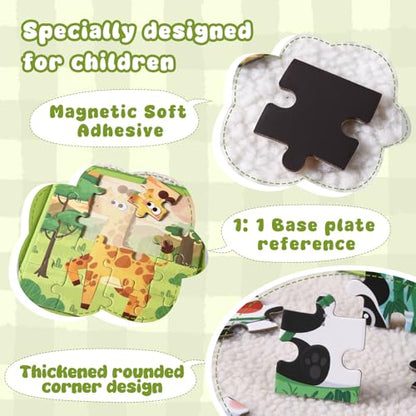 Magnetic Puzzles for Kids 3-5 Years, 3 in 1 Montessori Learning Toys with 9/16/25 PCS, Travel Activity for Toddlers Age 3-5, Preschool Puzzle Game with Animal Designs (Panda, Giraffe, Dinosaur) - color: Green