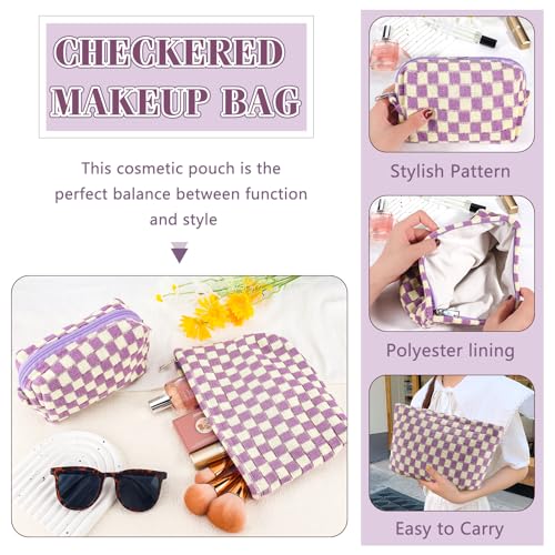 ZLFSRQ 2Pcs Checkered Makeup Bag for Women Large Small Checkered Cosmetic Bag Set Aesthetic Preppy Pencil Case Cute Pencil Pouch Purple Makeup Pouch for Purse Travel Toiletry Bags Zipper Skincare Bags - color: B-Checkered 2Pcs Mix Purple