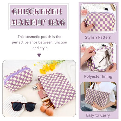 ZLFSRQ 2Pcs Checkered Makeup Bag for Women Large Small Checkered Cosmetic Bag Set Aesthetic Preppy Pencil Case Cute Pencil Pouch Purple Makeup Pouch for Purse Travel Toiletry Bags Zipper Skincare Bags - color: B-Checkered 2Pcs Mix Purple