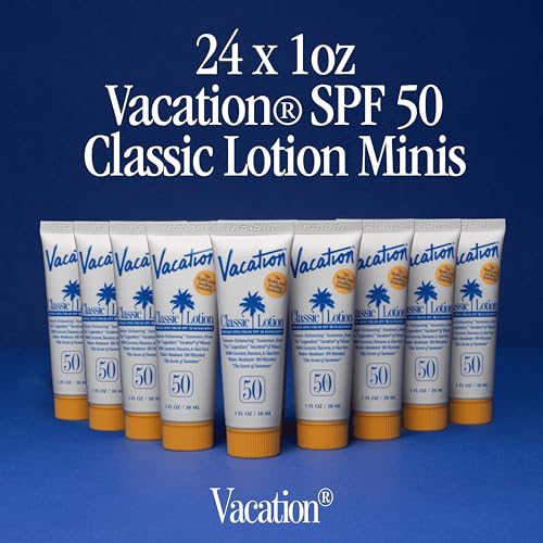 Vacation Mini Classic SPF 50 Sunscreen Lotion, 1 Fluid Ounce, Pack of 24 - Bulk Sunscreen, Invisible, No White Cast, Water-Resistant, Travel Size, Dermatologist-Tested, Vegan - size: 1 Fl Oz (Pack of 24), style: SPF 50
