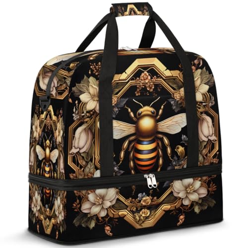 Travel Duffle Bags With Shoes Compartment for Women Men Old Gold Bee Lightweigh Sports Tote Gym Bag Foldable Canvas Weekender Overnight Carry On Luggage Handle Bag - color: print 12
