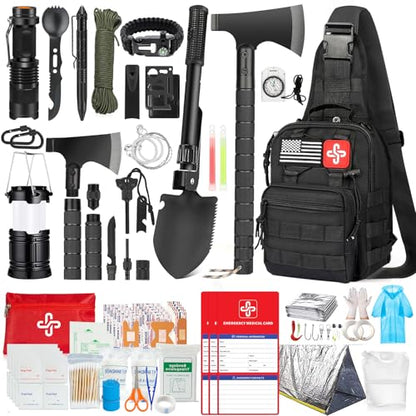 Survival Kit, 262Pcs Survival Gear and Supplies with First Aid Kit Pouch and Crossbody Bag, Emergency Kit with Tent, Camping Axe Hammer, Survival Shovel w/Pick, Bug Out Bag Gifts for Men Women - color: Black