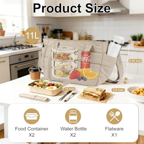 Lunch Bag Women Puffy Quilted Tote Bag Stylish Insulated Lunch Tote Bag with Large Capacity and Shoulder Strap Portable Lunch Cooler Bags for Women, Work Office, Travel, Picnic, Meal Prep - color: Camel
