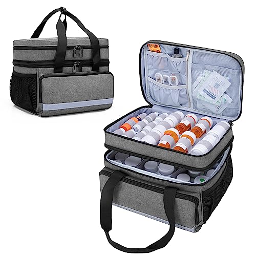 CURMIO Double Layers Pill Bottle Organizer Bag Empty, Medicine Organizer Storage Case with Lockable Zippers, Medication Travel Bag for Prescription Bottles, Medical Supplies, Gray (Patent Design) - color: Gray