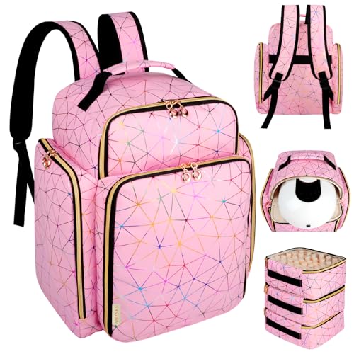 Nail Polish Organizer Backpack Holds 126 Bottles& Nail Lamp, Extra Large Nail Kit Supplies Organizer Bag with 3 Removable Cases, Portable Nail Organizers and Storage for Trave (PU Leather Pink) - color: Pink & Colorful