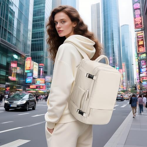 Hanples Travel Backpack for Women Men Large Carry On Person Item Flight Approved 17 In Laptop Backpack Waterproof anti theft Casual Luggage with 2 Toiletry Bag(Beige) - color: Beige, size: Large