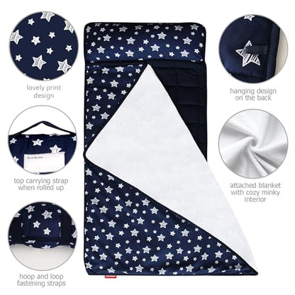 Toddler Nap Mat 2 Pack, Nap Mat for Toddlers Preschool, Daycare and Fleece Minky Blanket, Lightweight, Soft, Gray and Navy - color: Gray and Navy (Pack of 2)
