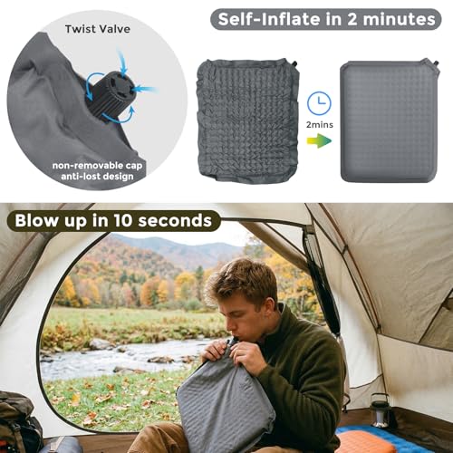Portable Self-Inflating Stadium Seat Cushion, Memory Foam Sit Pad, Lightweight Travel Seat Pad for Bleachers, Camping, Hiking, Office Chair & Airplane - 16x13 inches Gray