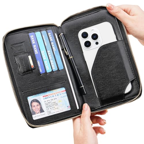 GOIACII Passport Wallet Travel Crossbody Bags for Women Wristlet Phone Purse Double Zip Vegan Leather Black - color: A02 Black