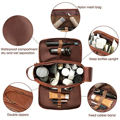 Personalized Leather Travel Toiletry Bag for Men, Large Travel Bathroom Shaving Dopp Kit, Large Cosmetic Bag Waterproof - color: Brown