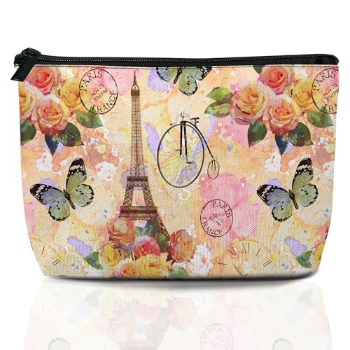 Vintage Paris Tower Makeup Bag Travel Cosmetic Bag for Women,Rose Flowers Small Make up Pouch Travel Bags for Toiletries Aesthetic Accessories Waterproof Gifts - color: Vintage Paris Tower