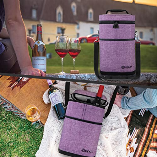 opux 2 Bottle Wine Carrier Tote, Insulated Leakproof Wine Cooler Bag, Wine Travel Bag for Picnic BYOB Beach, Portable Wine Bottle Carrying Case, Gift for Wine Lover Women Men Christmas, Purple - color: Heather Purple