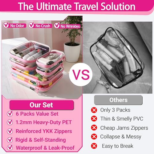 YQBRAO 6 Pack Soft Pink Clear Hard Shell Zipper Case, 1.2mm Crush-Proof Makeup Bag & Skincare Organizer, Heavy Duty Travel Pouches for Toiletries, Art Supplies & Daily Carry (2L+2M+2S) - color: Pink, size: 6 Pack (2L+2M+2S)