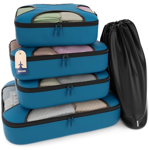 Shacke 5 Set Packing Cubes for Travel – Luggage Organizer & Suitcase Bags with Laundry Bag, Carry On Packing Organizer, Travel Accessories for Women Men (Gentlemen's Blue) - color: 5 Set - Gentlemen's Blue, size: Set of 5