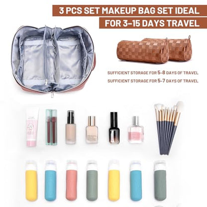 BOYATU Travel Makeup Bag Organizer: 3 Pcs Set Large Capacity Cosmetic Bags Holds 10–20 100ml Full-Size Bottles - 180°Open-Flat Make up Case 3-sec touch-up - Toiletry Bag Gift women (03-A-Brown) - color: 01-F-Brown