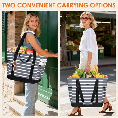Cooler Bag Insulated, Soft Side Cooler, Reusable Grocery Bags with Zipper Closure, Thermal Leakproof Large Insulated Tote Bag for Hot/Cold Food for Grocery, Beach, Travel, Picnic - color: Gray and White