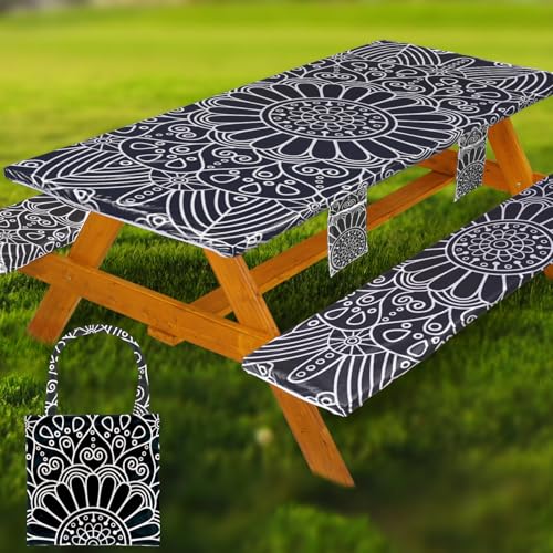 Fitted Picnic Table Cover with Bench Covers Vinyl Waterproof Elastic Edges Fitted Rectangle Tables Patio Tablecloth Camping Gear and Essentials Rv Accessories Road Trip Supplies Car Travel Must Haves - color: Black Mandala, size: 72in