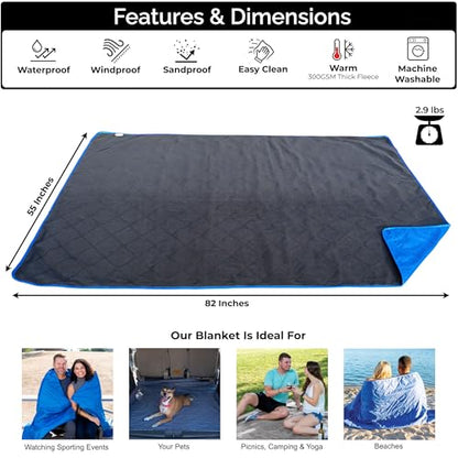 BRAWNTIDE Large Waterproof Outdoor Blanket, Extra Thick Fleece, Warm, Windproof & Sandproof, Quilted Stadium Blanket for Sports Events, Beach, Camping, Picnics, Dogs & Car, 82" x 55 - color: Royal Blue