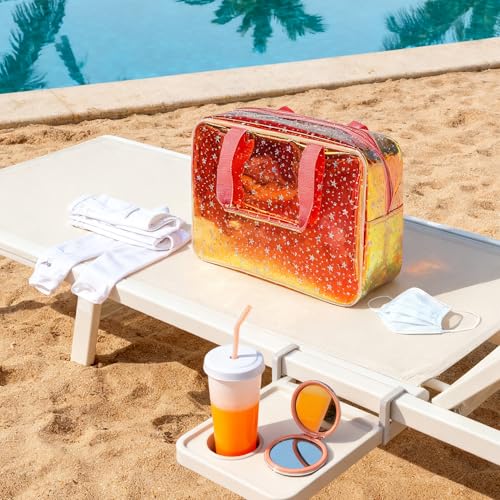 Holographic Brown Clear Star Large Cosmetic Bag and TPU Travel Pouch with Handle,Durable Material,Zipper Design-Ideal for Makeup,Travel Essentials 11.81x5.12x8.27inch (Brown) - color: Red