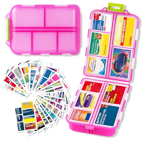 2026 New Extra Large Pill Box with Medicine Labels Travel Essentials Daily Med Container Mini Medication Organizer Storage Organizer Case 7 Day Pill Organizer(Pink) - color: Pink, size: Extra Large