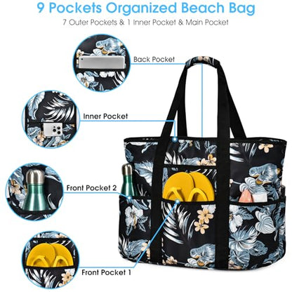 Becokan Beach Bags for Women Large Beach Tote Bag with Zipper Pockets Beach Bag Waterproof Sandproof Travel Nurse Tote Bag - color: Black Flowers