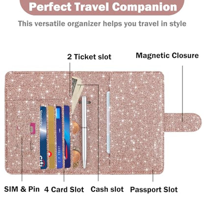HOTCOOL Passport Holder Travel Essentials Airplane & Cruise Essentials Ship Leather Wallet Cover Case RFID Blocking Women & Men Vacation Travel Accessories Gifts Deals, Glitter - Rose Gold - color: B Glitter Rose