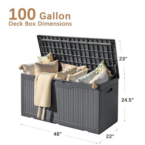 Devoko 97 Gallon Deck Box, Waterproof Resin Outdoor Storage Box for Outside and Patio, Large Outdoor Storage Bench Cabinet Lockable for Patio Furniture, Garden Tools and Pool Supplies (Gray) - color: Grey, size: 97 Gallon 1 Pack