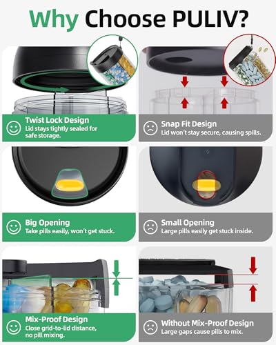 PULIV Large Pill Bottle Organizer for Holding 6 Various Vitamins without Filling Hassle, Supplement Organizer for Travel, Anti-Mixing Pill Box Case with Wide Opening for Easy Pill Retrieval, 20 Labels - color: Black